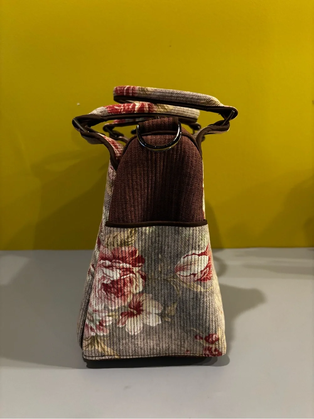Floral Rose Print Top-Handle Tote in Burgundy and Cream